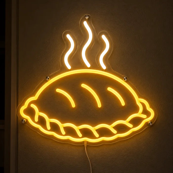 Dampfende Teigtasche Neon LED Schild leuchtend an einer dunklen Wand, Nahaufnahme mit Anschlusskabel
