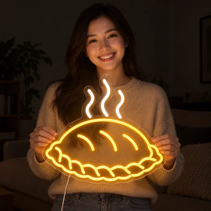 Steaming Dumpling Neon LED Sign held by a smiling woman against a dark background