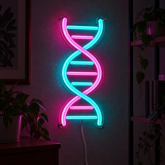 DNA-kierre neon LED -kyltti valaistuna tummalla seinällä, lähikuva liitäntäjohdon kanssa
