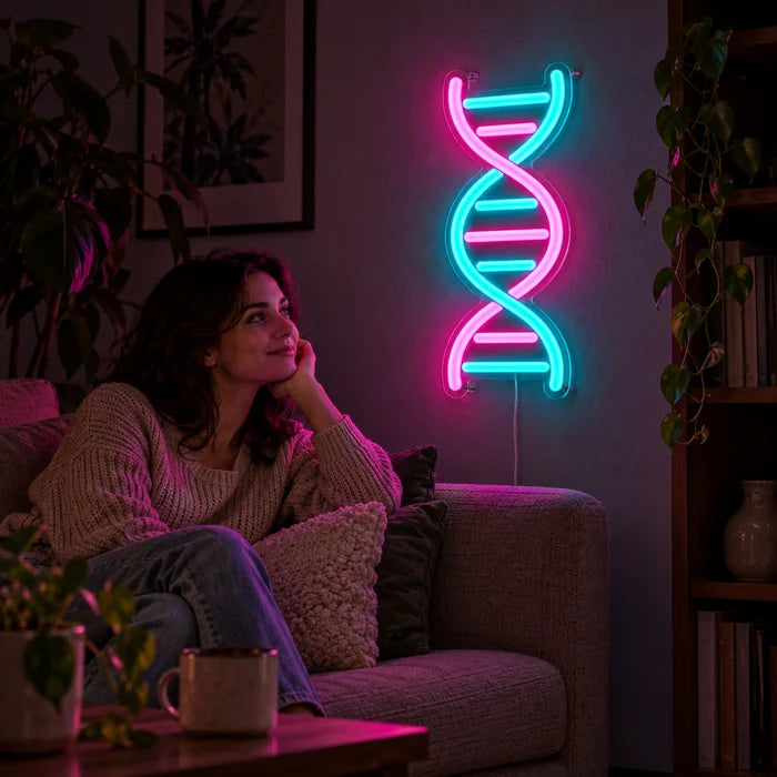 DNA-kierre neon LED -kyltti olohuoneen seinällä, edessä henkilö rentoutuu sohvalla