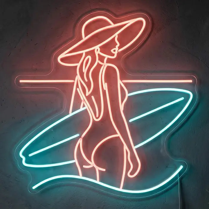 Beach Vibes Neon LED Schild – Strand Pin-Up Motiv als Sommer Wanddeko