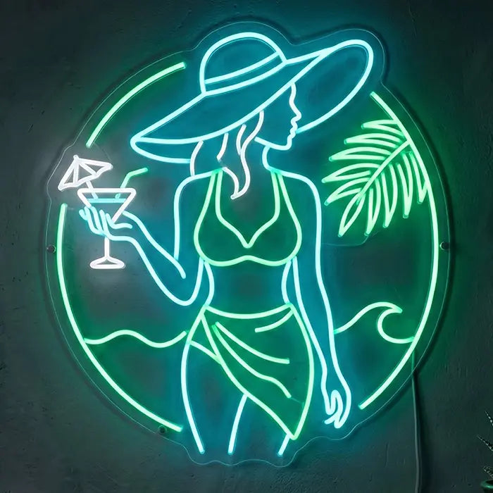 Beach Vibes Neon LED Schild – Surferin am Meer als Wanddeko für Sommerbar
