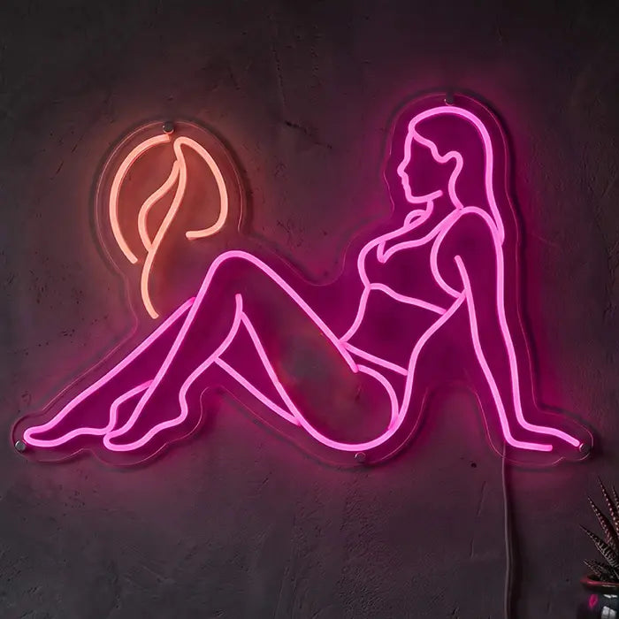 Beach Vibes Neon LED Schild – Sommer-Mood Frau am Strand als Wanddeko