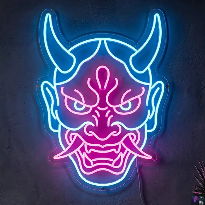 Hannya Maske Neon LED Schild 12V – japanische Dämonenmaske im Cyberpunk-Style als Wanddeko
