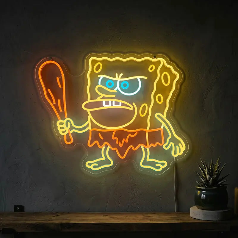Neandertaler Bob Neon LED Schild – SpongeBob Meme als 12V Wanddeko auf 6 mm Acrylglas