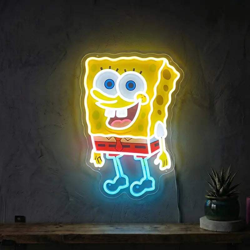 Schwammkopf UV-Druck Neon LED Schild – SpongeBob mit Schwarzlicht-Effekt als USB Wanddeko auf 6 mm Acrylglas