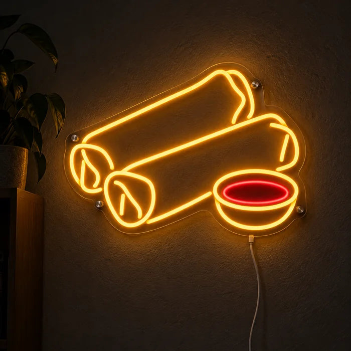 Spring Rolls Neon LED Sign glowing on a dark wall, close-up with connection cable