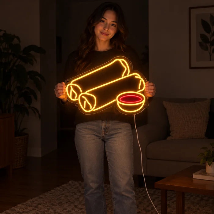 Spring Rolls Neon LED Sign held by a woman, showing its size compared to her body