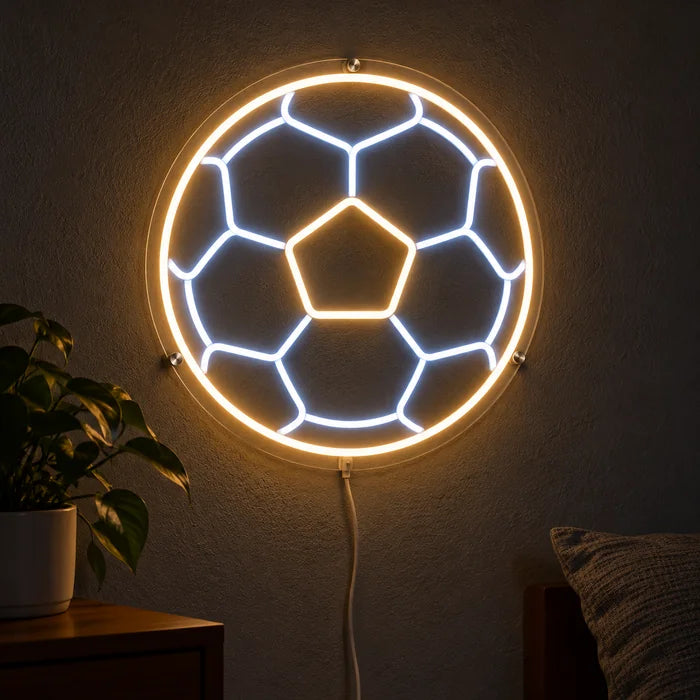 Football Neon LED Sign glowing on a dark wall, close-up with connection cable