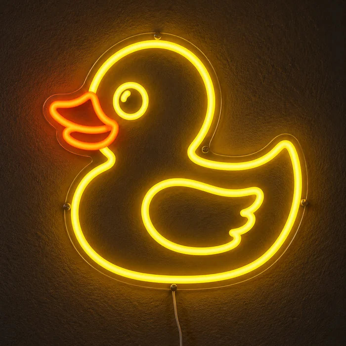 Yellow Duck Neon LED Sign glowing on a dark wall, close-up with connection cable