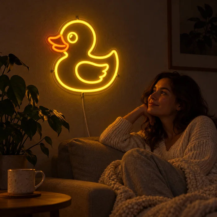 Yellow Duck Neon LED Sign on a living room wall, a person relaxing on the sofa in front of it