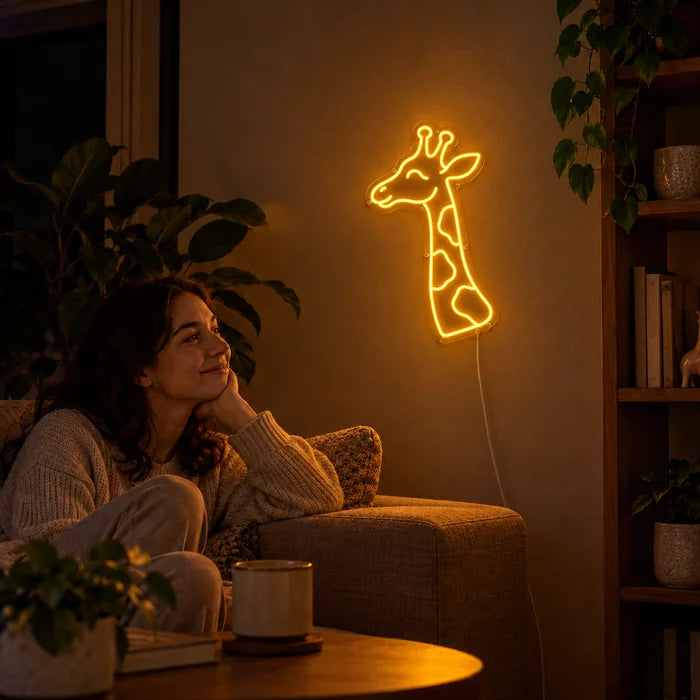 لافتة نيون LED رأس الزرافة، على جدار غرفة المعيشة، وأمامها شخص مسترخٍ على الأريكة