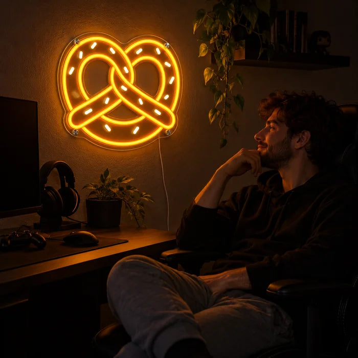 Golden Pretzel Neon LED Sign above a gaming desk, a gamer in a gaming chair in front of it