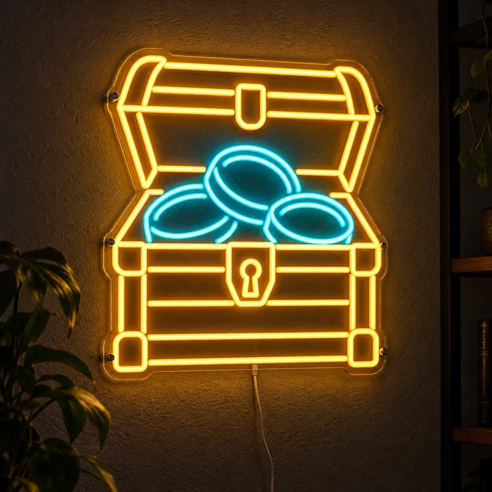 Gold Treasure Neon LED Sign glowing on a dark wall, close-up with connection cable
