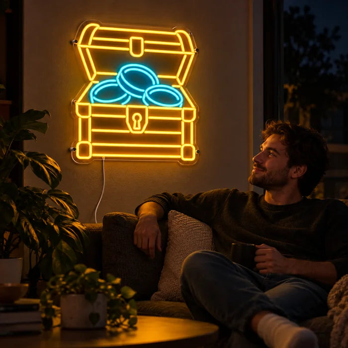 Gold Treasure Neon LED Sign on a living room wall, a person relaxing on the sofa in front of it