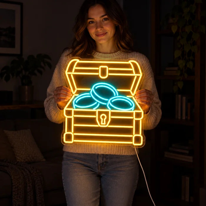 Gold Treasure Neon LED Sign held by a woman, showing its size compared to her body