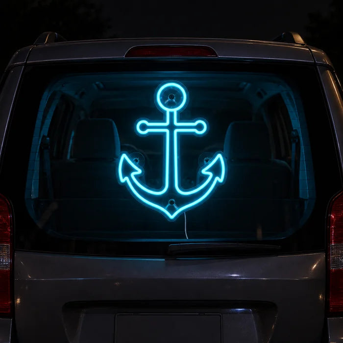 Harbour Anchor Neon LED Sign on the rear window of a car at night