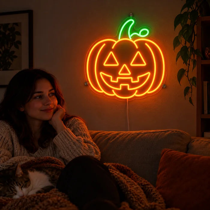 Halloweengræskar neon LED skilt på stuevæggen, foran slapper en person af på sofaen