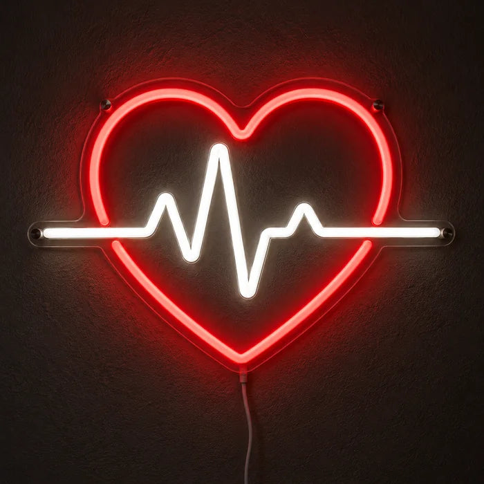 Heartbeat Neon LED Sign glowing on a dark wall, close-up with connection cable