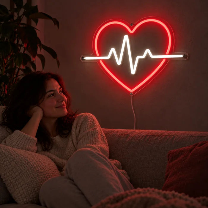 Heartbeat Neon LED Sign on a living room wall, a person relaxing on the sofa in front of it