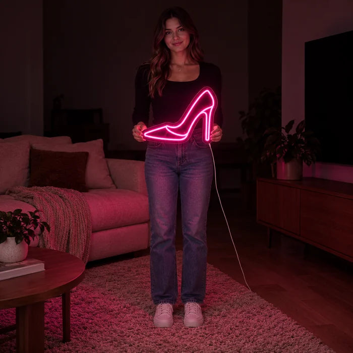 Korkokenkä neon LED -kyltti naisen pitelemänä, näyttää koon vartaloon verrattuna