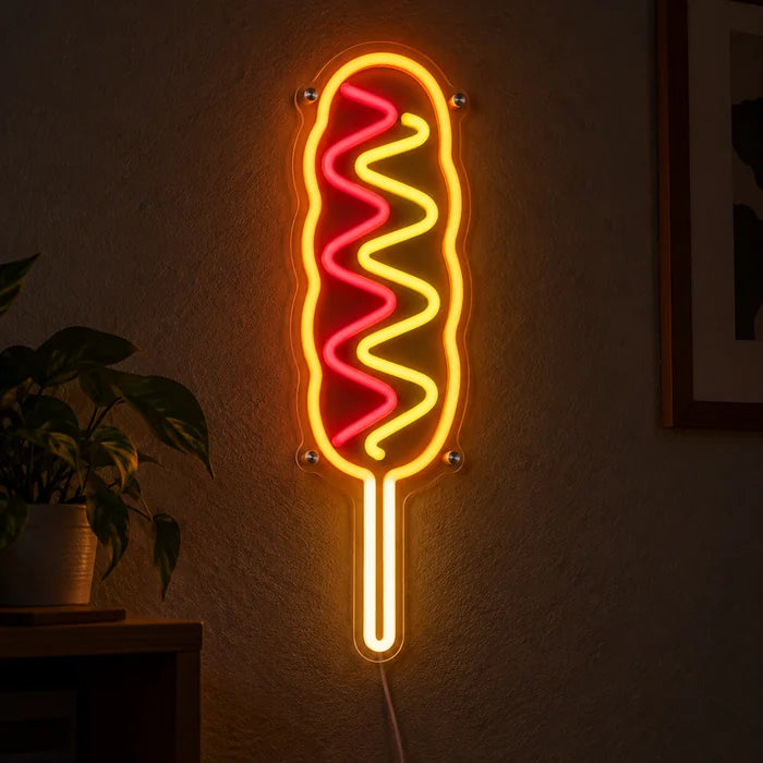 Corn Dog Neon LED Sign glowing on a dark wall, close-up with connection cable