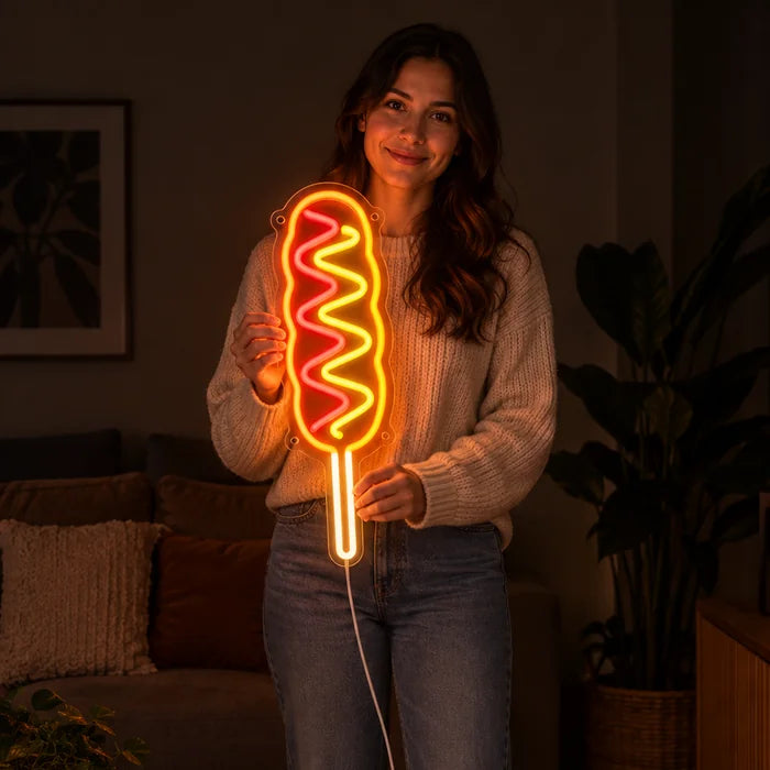 Corn Dog Neon LED Sign held by a woman, showing its size compared to her body