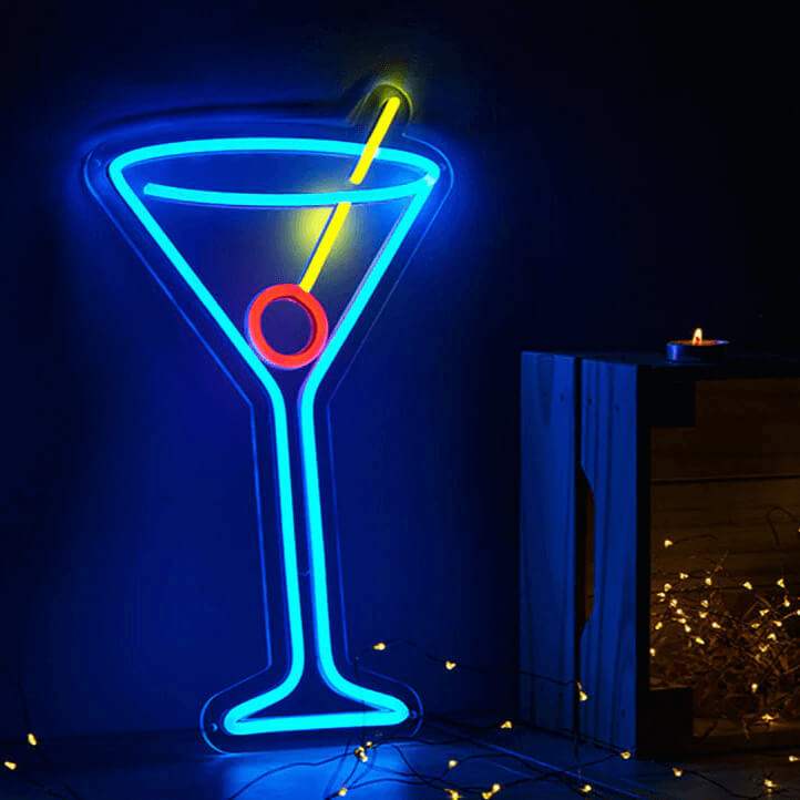 Cocktail Neon LED Schild USB – Bar Wanddeko mit Cocktailglas und Lolly