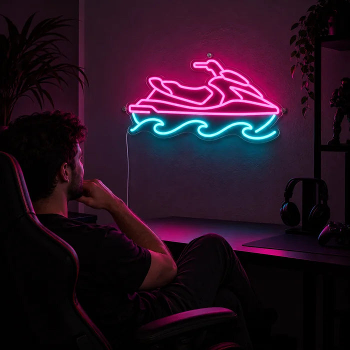 Vesijetti neon LED -kyltti pelipöydän yläpuolella, edessä pelaaja pelituolissa
