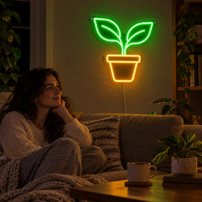 Little Sprout Neon LED Sign on a living room wall, a person relaxing on the sofa in front of it