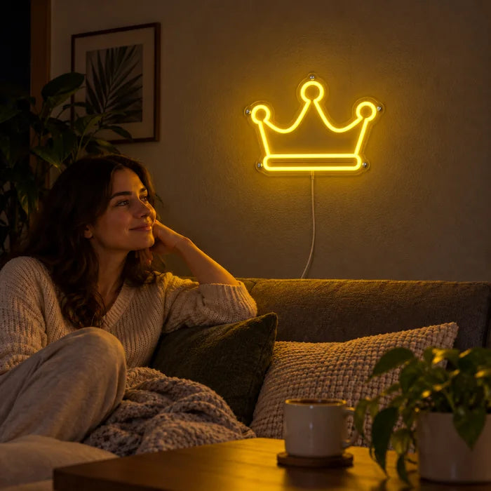 שלט ניאון LED כתר מלכותי על קיר הסלון, לפניו אדם נח על הספה