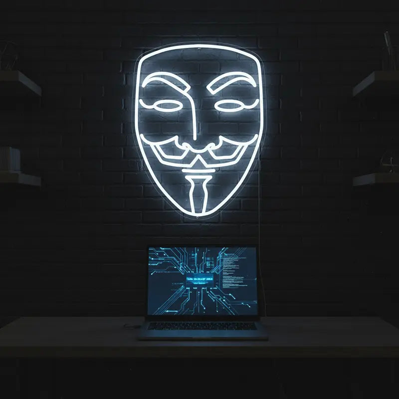 Guy Fawkes Maske Neon LED Schild – handgefertigte Statement-Wanddeko für Rebellen
