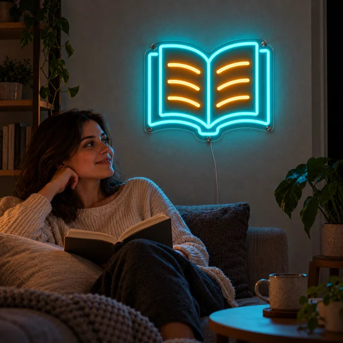 Læsebog neon LED skilt på stuevæggen, foran slapper en person af på sofaen