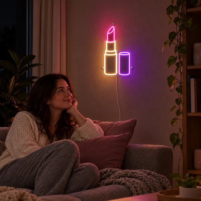 Neonová LED cedule Rtěnka na stěně obývacího pokoje, před ní uvolněně odpočívá osoba na pohovce
