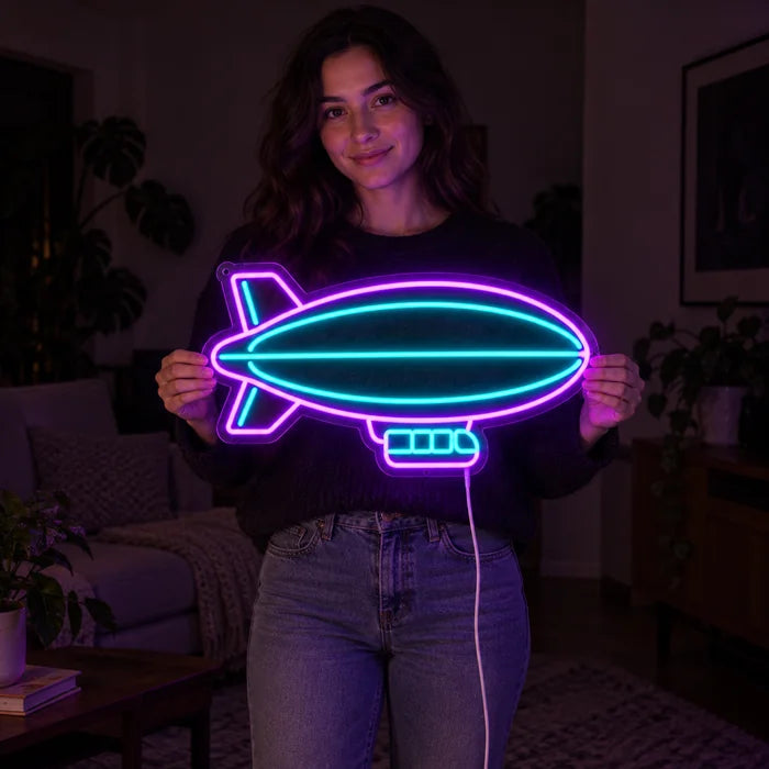 Airship Neon LED Sign held by a woman, showing its size compared to her body