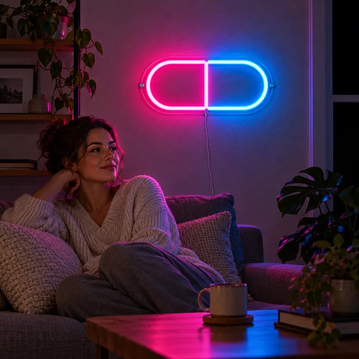 Neonová LED cedule Kapsle léku na stěně obývacího pokoje, před ní uvolněně odpočívá osoba na pohovce