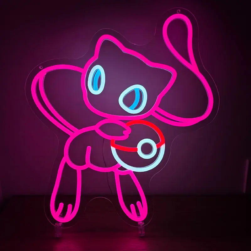 Modernes Neon-Artwork von Mew auf einer transparenten Acrylplatte mit intensiver pinker Farbwirkung