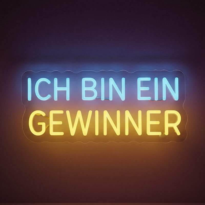 Ich Bin Ein Gewinner Neon LED Schild beleuchtet blau gelb – Home Gym Deko