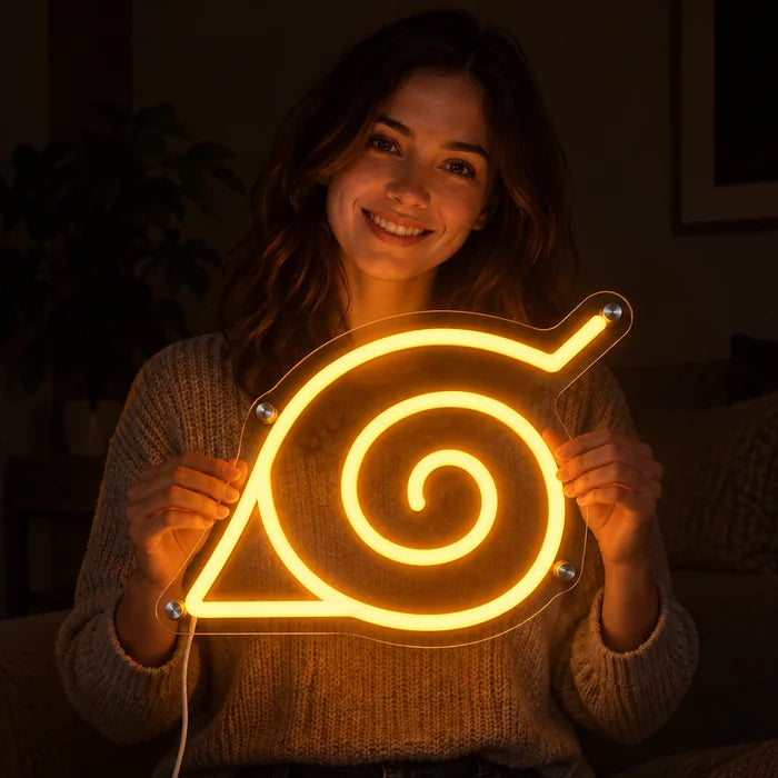 Naruto Konoha Symbol Neon LED Sign held by a smiling woman against a dark background