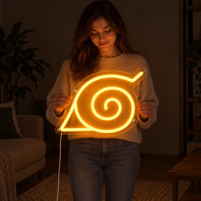 Naruto Konoha Symbol Neon LED Sign held by a woman, showing its size compared to her body