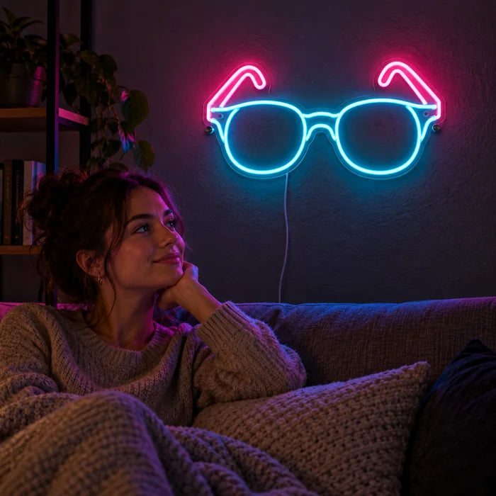 Neonlasit neon LED -kyltti olohuoneen seinällä, edessä henkilö rentoutuu sohvalla