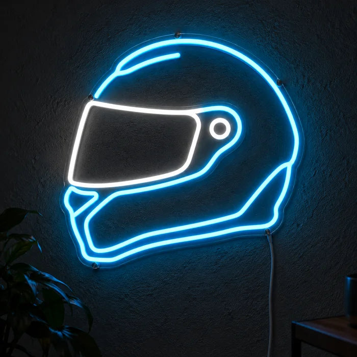 Neon Racing Helmet Neon LED Sign glowing on a dark wall, close-up with connection cable