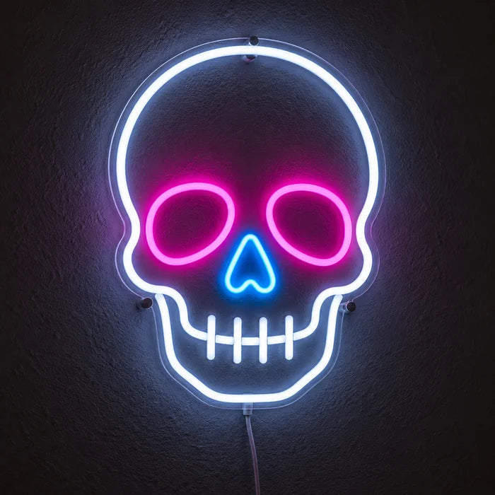 Neon Skull Neon LED Sign glowing on a dark wall, close-up with connection cable
