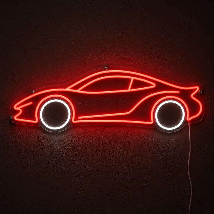 Neon Sports Car Neon LED Sign glowing on a dark wall, close-up with connection cable