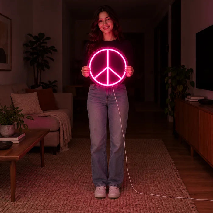 Peace neon LED skilt holdt af en kvinde, viser størrelsen i forhold til kroppen