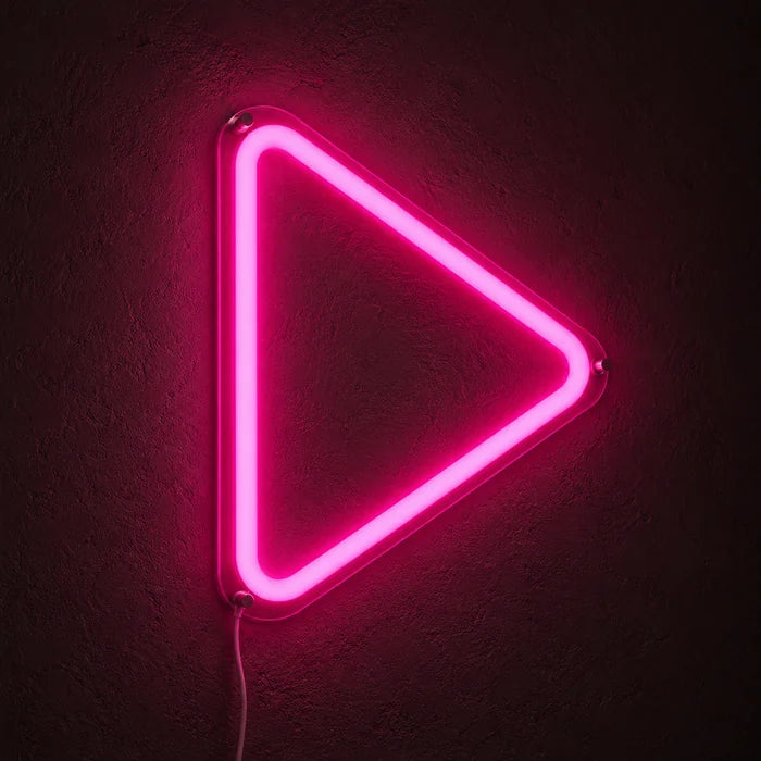 Play Button Neon LED Sign glowing on a dark wall, close-up with connection cable