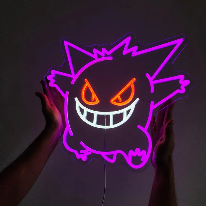 ป้ายไฟนีออน LED การ์ตูนอนิเมะ บนผนัง ผียิ้มแยกตาสีส้มพร้อมแถวฟันสีขาว