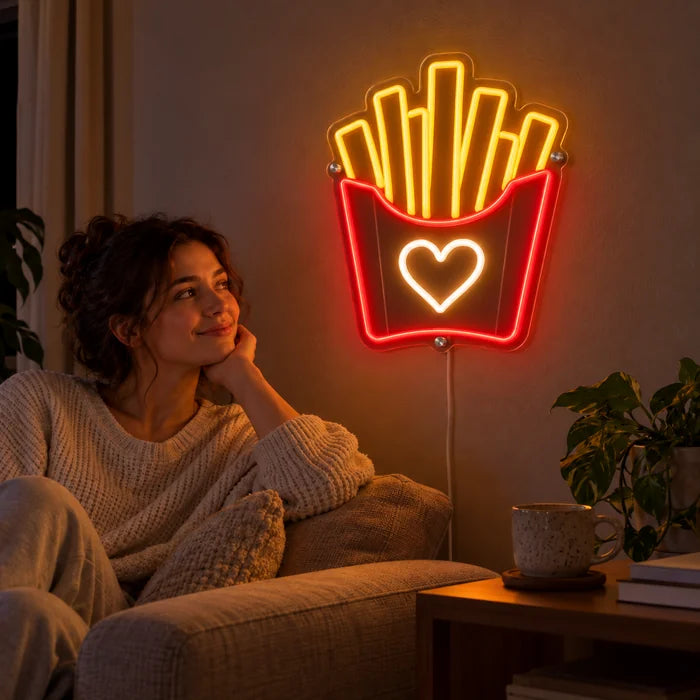 Fries Love Neon LED Sign on a living room wall, a person relaxing on the sofa in front of it