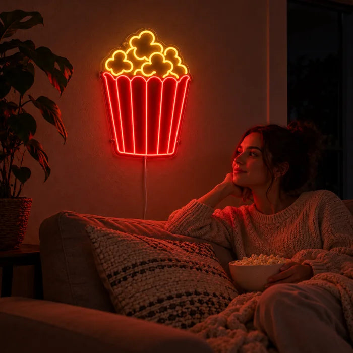 Popcorn Neon LED Sign on a living room wall, a person relaxing on the sofa in front of it