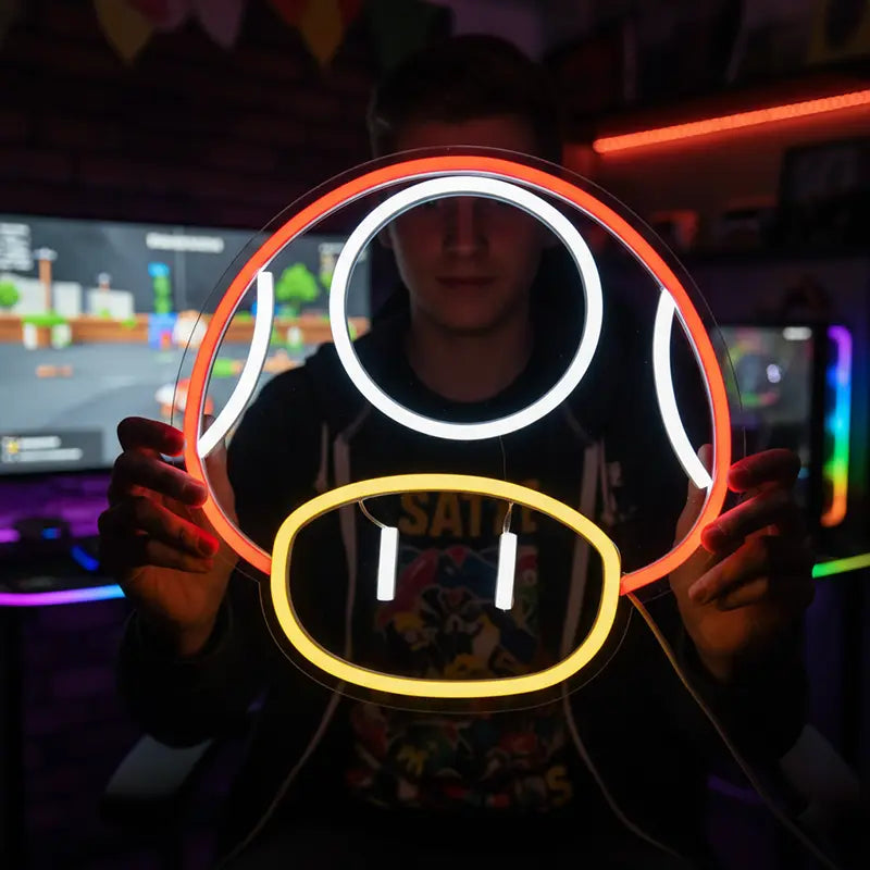 Super-Pilz Retro Gaming Neon – Videospiel Wanddeko fürs Spielzimmer